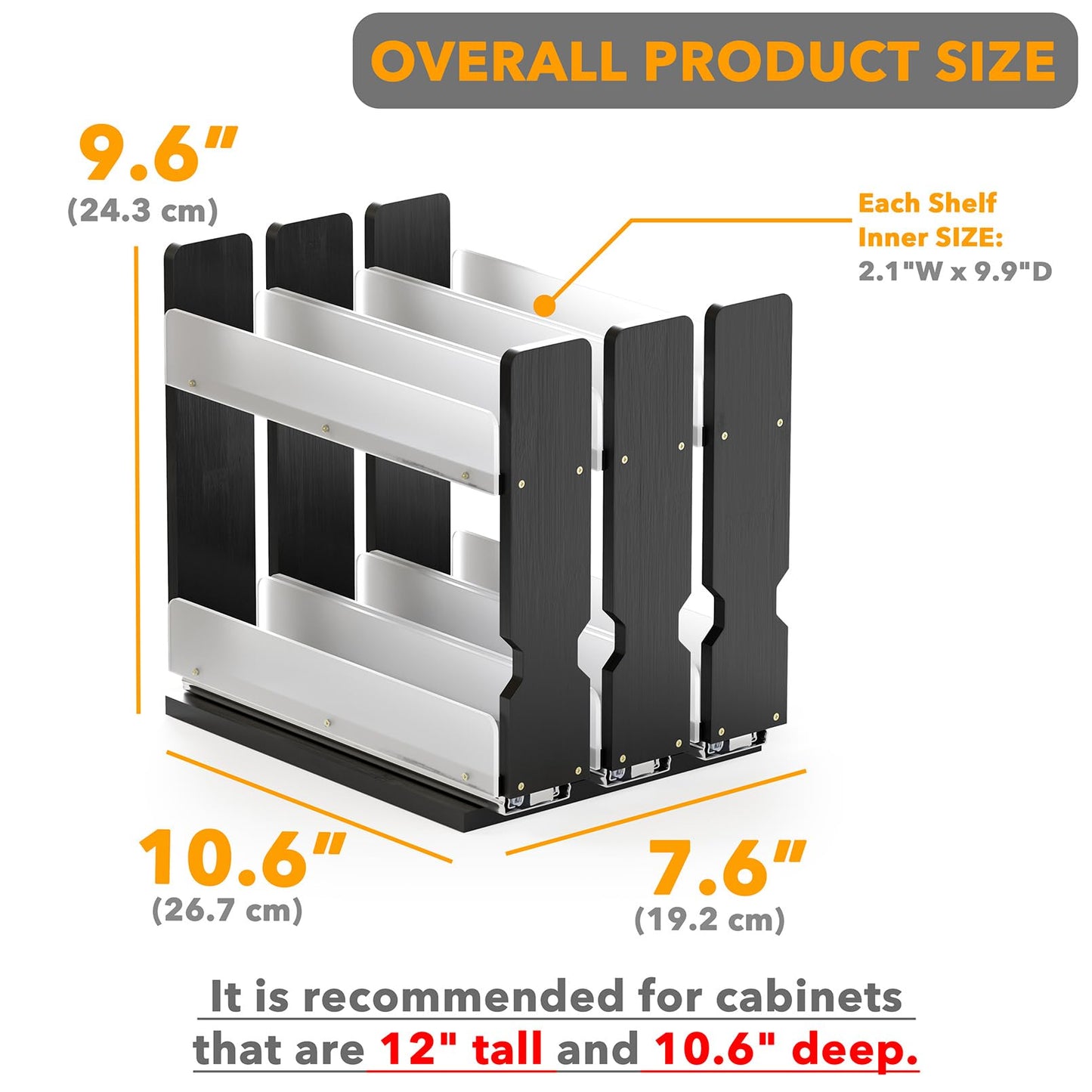 SpaceAid Bamboo Pull Out Spice Rack Organizer for Cabinet, Heavy Duty Slide Out Seasoning Kitchen Pantry Sliding Vertical Organization, 7.6" Wide, 3 Drawers(2" Wide), 2-Tier, Black