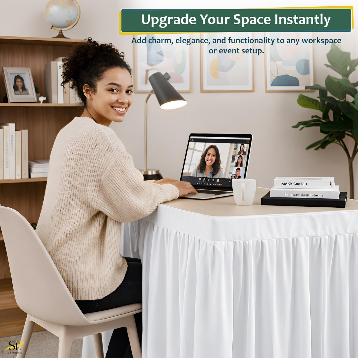 Shreem Linen Dorm Desk Skirt, Ruffled Gathered Table Cover, Custom-Fit, No Platform, Split Corners, Under Desk Storage Cover for Dorm & Home Office, White Desk Skirt (D24 x W30 Skirt H30 Inches)