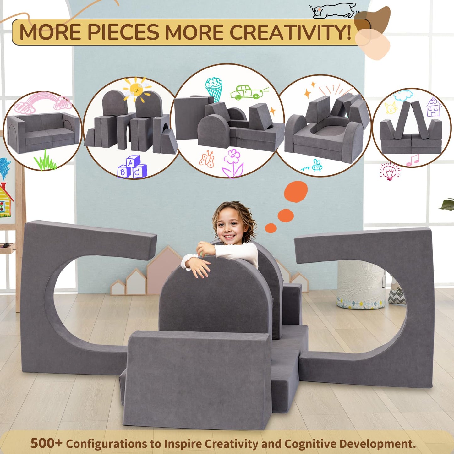 Fvkind 10 Pcs Modular Kids Play Couch, Multifunctional Foam Kids Couch for Playroom, Convertible Sectional Toddler Sofa for Boys and Girls, Toddler Sofa with Premium Foam and Washable Cover, Grey