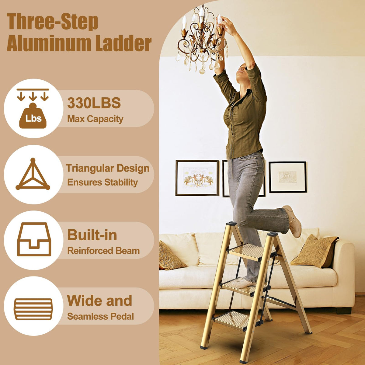 hismocal Foldable 3 Step Stool for Closet/Kitchen-Aluminium Gold Step Ladder Stools, Folding 330lbs Lightweight Ladders with Anti-Slip Wide Pedal, Portable Kids/Adults
