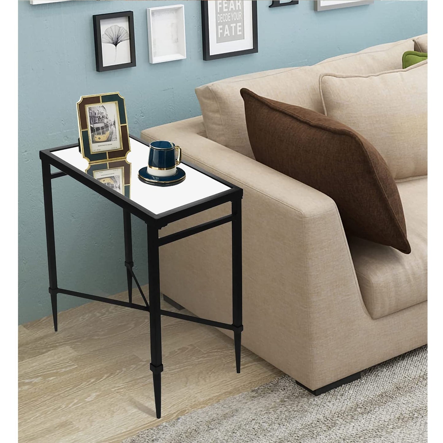GIFTTROVE Black End Table, Rectangle Side Table with Mirrored Top, Modern Metal End Tables, Small Narrow Side Tables for Living Room, Balcony, 22" L x 12.4" W x 24" D