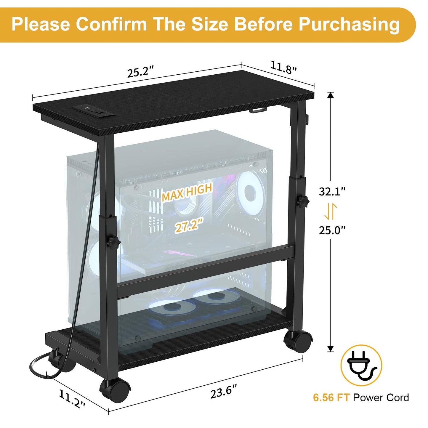 Snughome Computer Tower Stand with Charge Station, 25.0"-32.1" Height Ajustable PC Tower Stand for Floor, Mobile CPU Holder Cart for Carpet with Hooks, PC Cart for Gaming Office Home