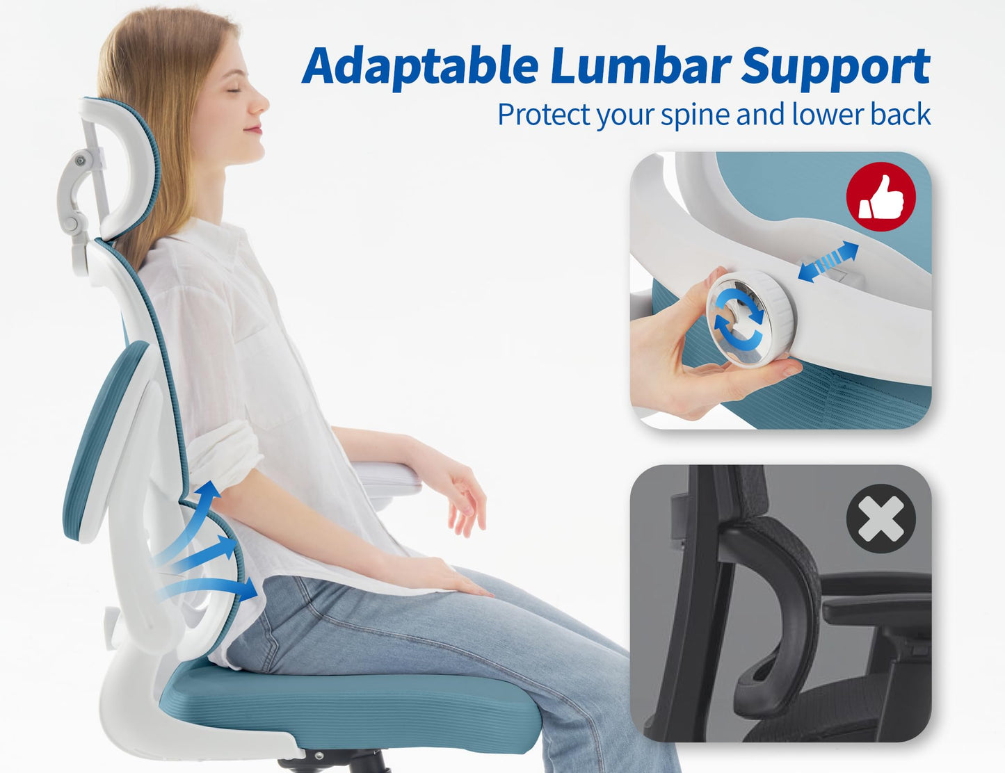 TRALT Ergonomic Office Chair - Desk Chair with Adjustable Headrest Lumbar Support Computer Chair - Mesh Comfy Chair with Flip-up Armrests - Gaming Chairs for Adults Home Office (PU Leather, Blue)