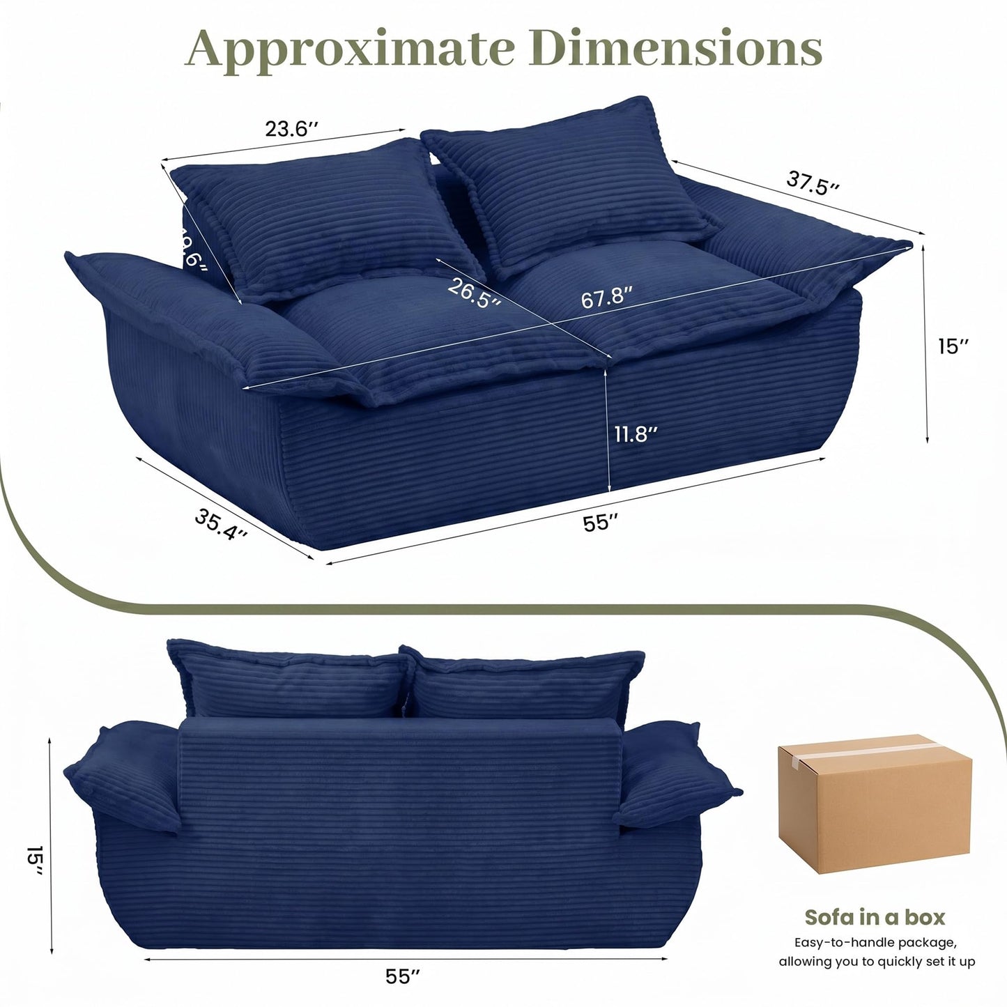 JUIKURY 55" Convertible Corduroy Sofa Bed, Boneless Foldable Loveseat Sleeper Couch, Compressed Foam Floor Sofa with Removable Cushions & Pillows for Small Space Living Room