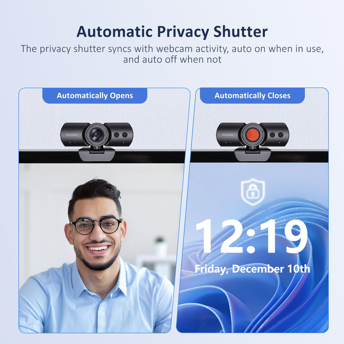 NexiGo HelloCam Pro, Webcam with Windows Hello, 1080P 60FPS Autofocus, True Privacy, Automatic Electronic Shutter, Computer Camera, Microphone, Facial Enhancement, HD USB Web Cam