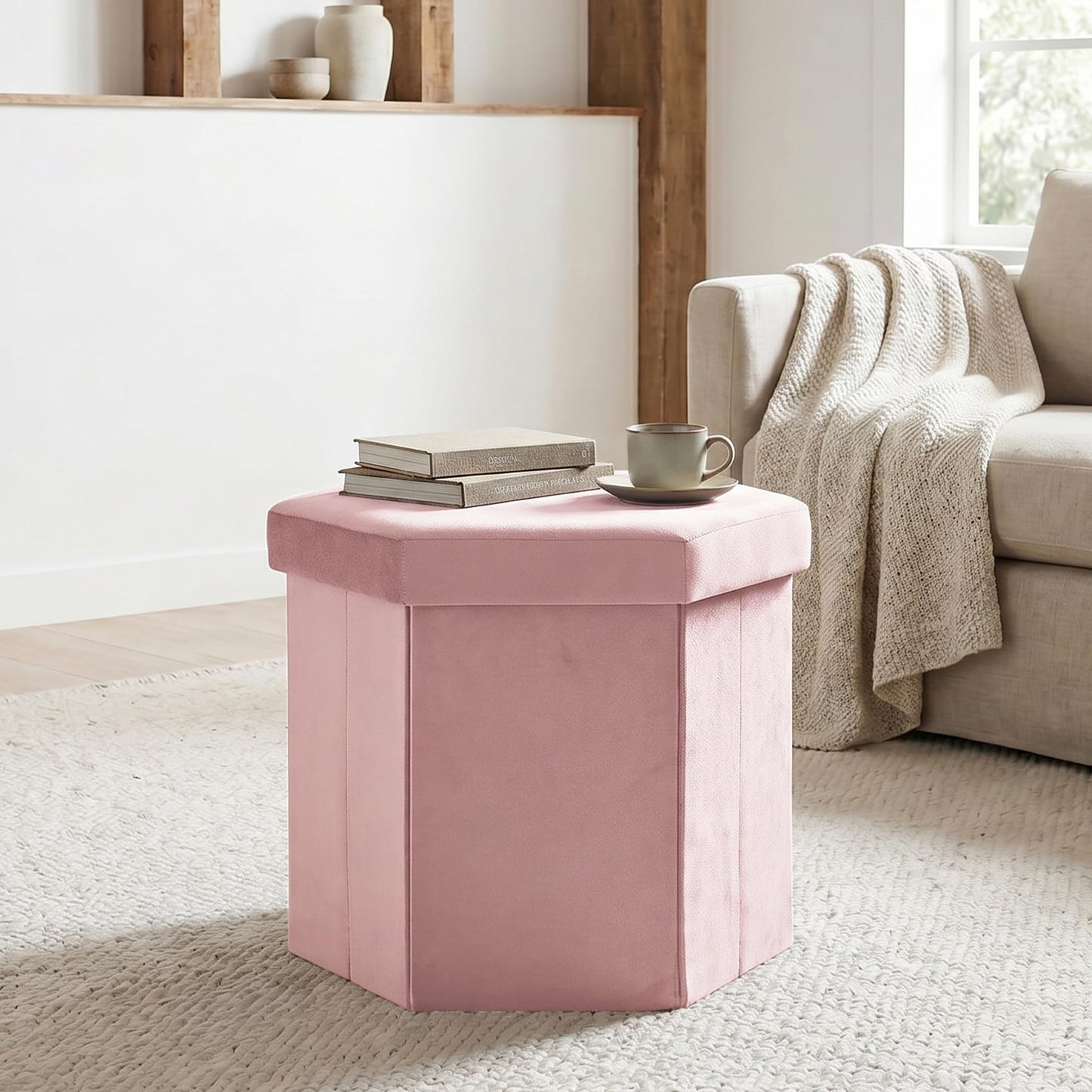 ZOLANOful Hexagon Storage Ottoman for Small Spaces, Velvet Accent Footstool with Hidden Storage, Foldable Ottoman Seat for Living Room, Bedroom, Dorm & Entryway, Blush Pink, 15 x 16.9 x 15 Inch