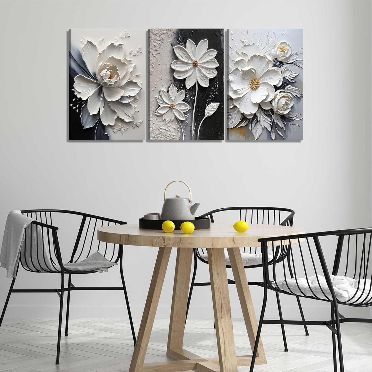 3Pcs Modern Abstract Floral Canvas Wall Art White and Black Flowers Wall Decor Pictures Elegant Daisy Poster Print Paintings for Office Living Room Bedroom Bathroom Home Decoration 12"x16"