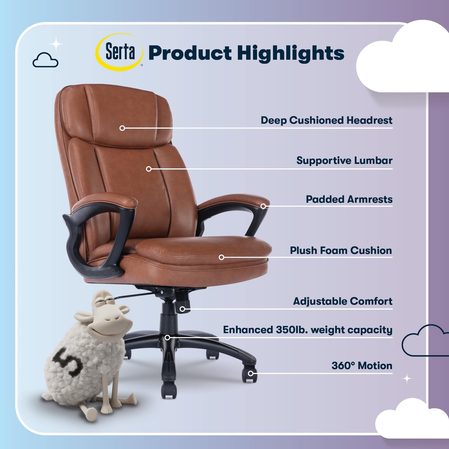 Serta Fairbanks Big & Tall Executive Office Chair, Ergonomic High-Back with Lumbar Support, Semi-Plush Seat Cushion and Body Pillows, Padded Armrests, Nylon Swivel Base, Bonded Leather, Cognac Brown