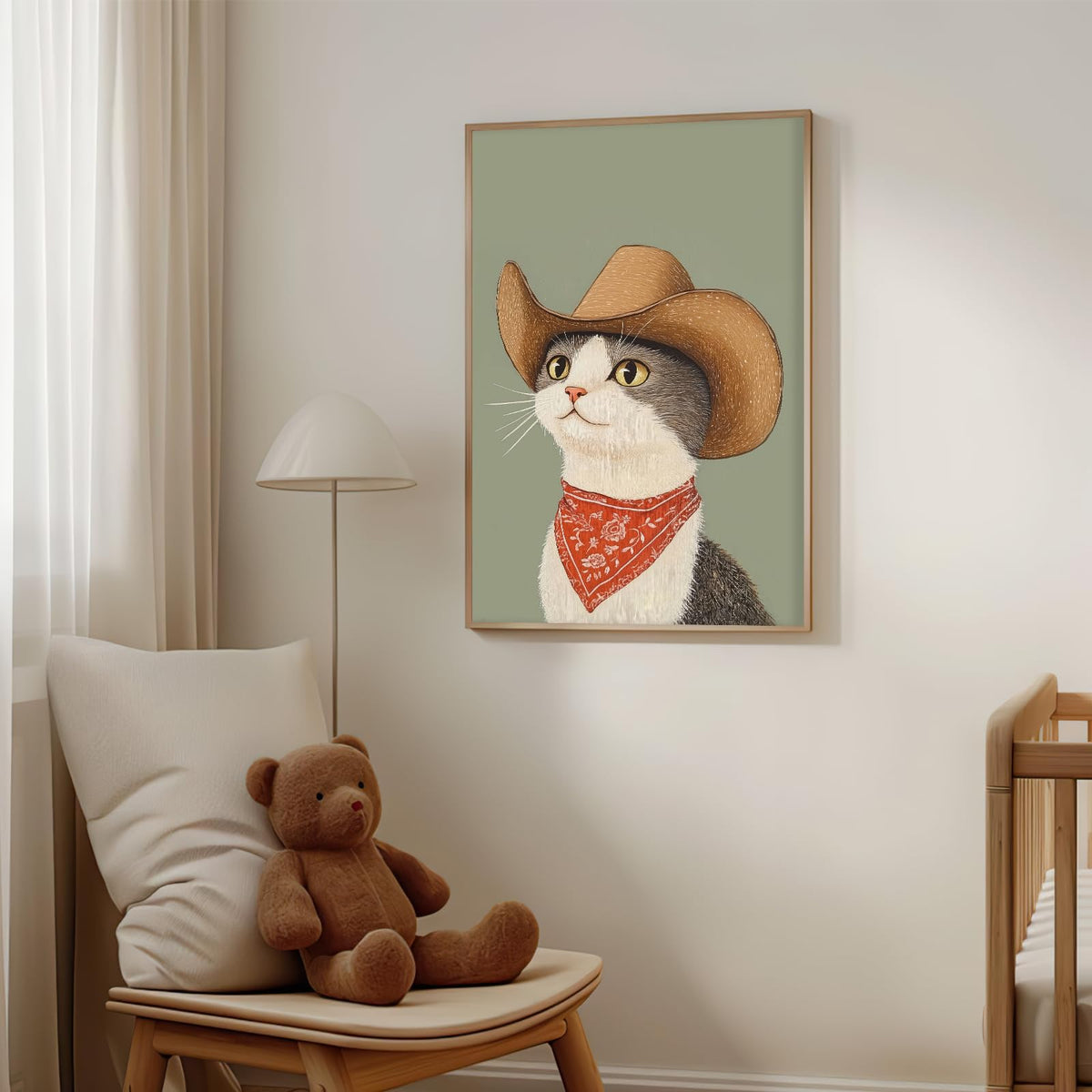 Nursery Poster Cute Animal Picture Funny Animal Wall Art Vintage Cowboy Cat Wall Art 16x24Inch Unframed Whimsical Cowboy Cat Pet Portrait Poster for BedRoom Living Room Boy Girl Kid Children's Bedroom