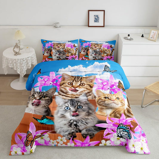 Kids Cute Cat Bedding Set Cartoon Pet Cats Kittens Comforter Set Cat Lovers Animal Themed Comforter for Boys Girls Purple Floral Butterflies Print Down Alternative Comforter Room Decor Queen Size