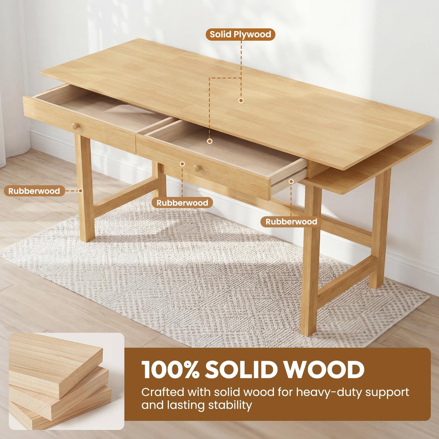 ELEVAQ Double-Top Solid Wood Desk - 48-Inch Mid-Century Modern Writing Table with Drawers for Home Office, Study, and Creation, Rubberwood Computer Desk in Honey Oak