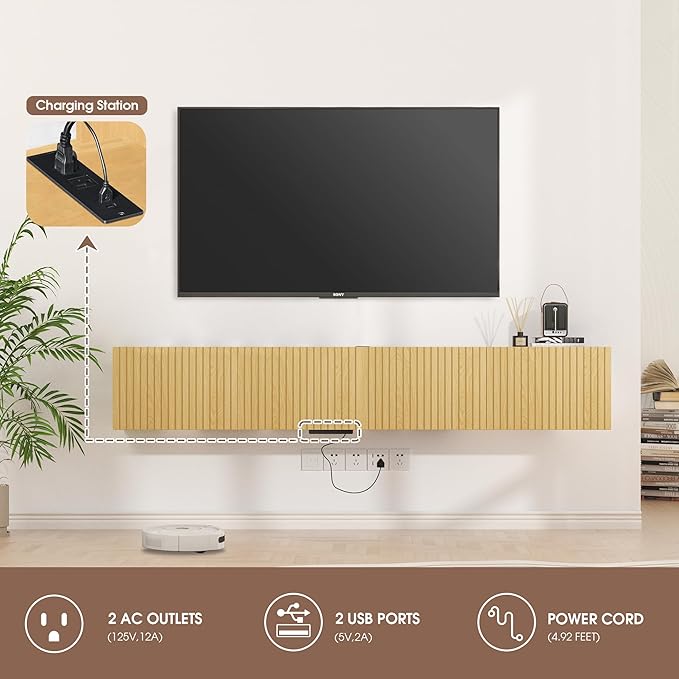 71” Floating TV Stand with LED Lights & Charging Station, Wall Mounted