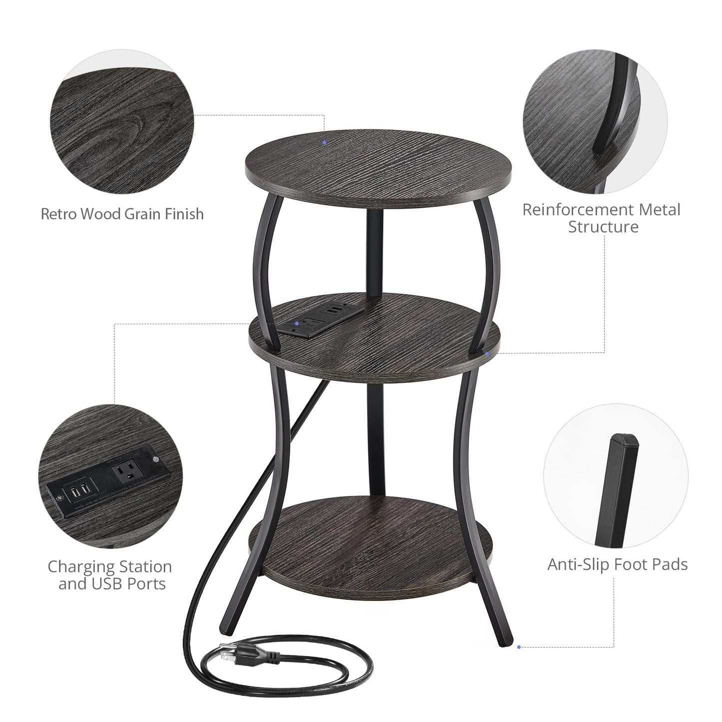 Small Round Side Table with Charging Station, 3-Tier Waist Circular End Table with Storage Shelf, Compact Tea Sofa Side Table Small Spaces, Round Corner Coffee Table for Living Room Bedroon,Grey