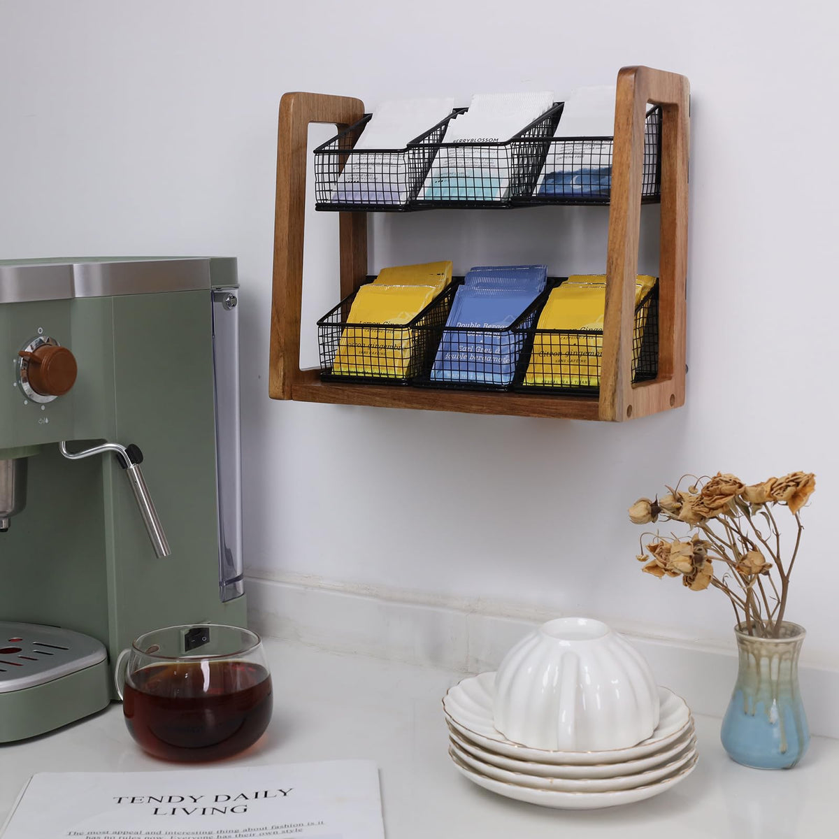 HTB 2 Tier Tea Organizer for Tea Bags, Tea Bag Holder with Acacia Wood Stand and 6 Removable Metal Basket for Sugar Packets, Sweeteners, Creamers for Cabinet, Countertop or Wall-mounted