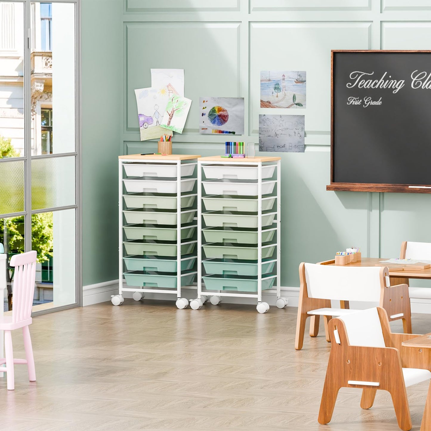 Ekisemio Rolling Cart with 8 Drawers, Storage Drawers Cart with Wooden Tabletop and Lockable Wheels, Utility Cart for Living Room, Office, Classroom, Craft Room, Green
