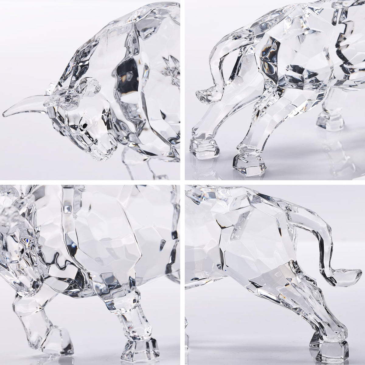PlivBloom Fengsui Wall Street Bull Statue,Geometric Ornaments Sculpture,Acrylic Bull Figurine Suitable Gifts for Stock Market Lovers, Crystal Figures for Desk Ornaments,Tv Stand Knick Knacks (White)