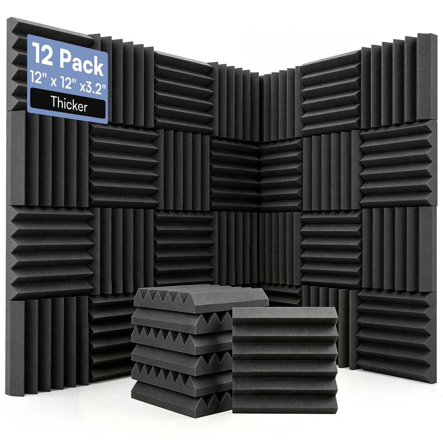 GUERRI 12 Pack Acoustic Foam Panels 12" x 12" x 3.2" Wedges Design Sound Proof Foam Panels High Density Sound Absorbing Foam Echo Reduction for Wall, Home Studio, Recording & Gaming