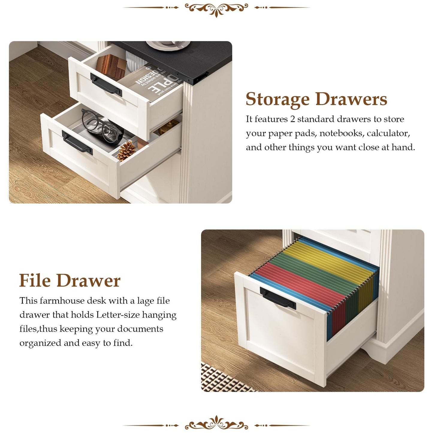 Halitaa Farmhouse Executive Desk with 3 Drawers, Computer Desk with File Drawer for A4 Sized Hanging Files, Home Office Desk for Living Room Study, Rustic White and Black