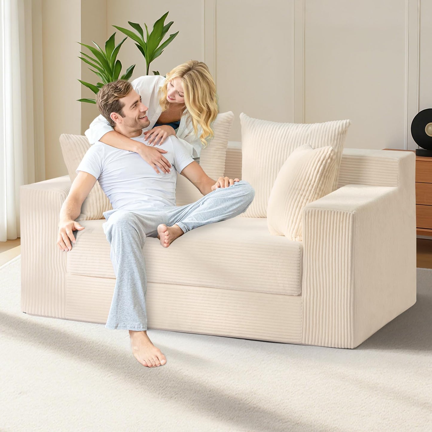 feliz home Convertible Sofa Bed, Boneless Couch Loveseat, 2 in 1 Folding Couch Bed, Fold Out Comfy Floor Futon Sofa with 4 Pillows for Living Room Bedroom, Beige