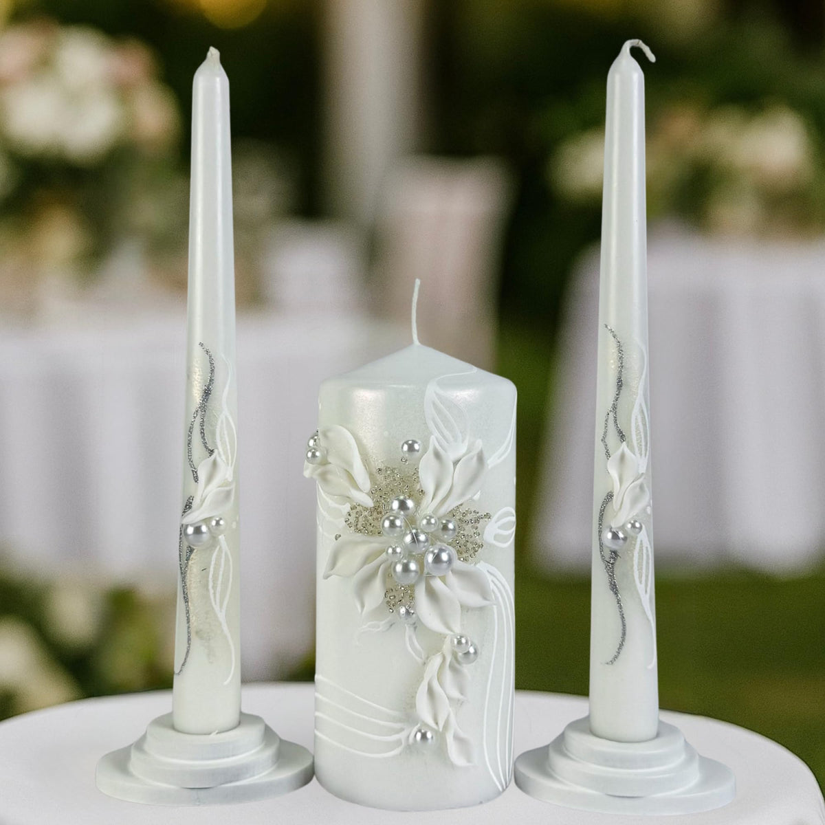 Magik Life Unity Candle Set - Wedding Ceremony & Reception – 6” Pillar & Two 10” Taper Candles – Long Burning Unity Candles for Marriage Ritual – Handmade in USA – Royal White