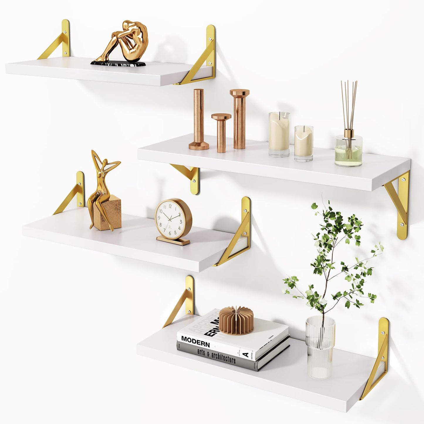 YGEOMER White Shelves for Wall, Different Sizes Wall Floating Shelves for Living Room, Bathroom, Bedroom, Kitchen, Home Decor (Set of 4)