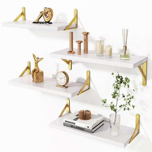 YGEOMER White Shelves for Wall, Different Sizes Wall Floating Shelves for Living Room, Bathroom, Bedroom, Kitchen, Home Decor (Set of 4)