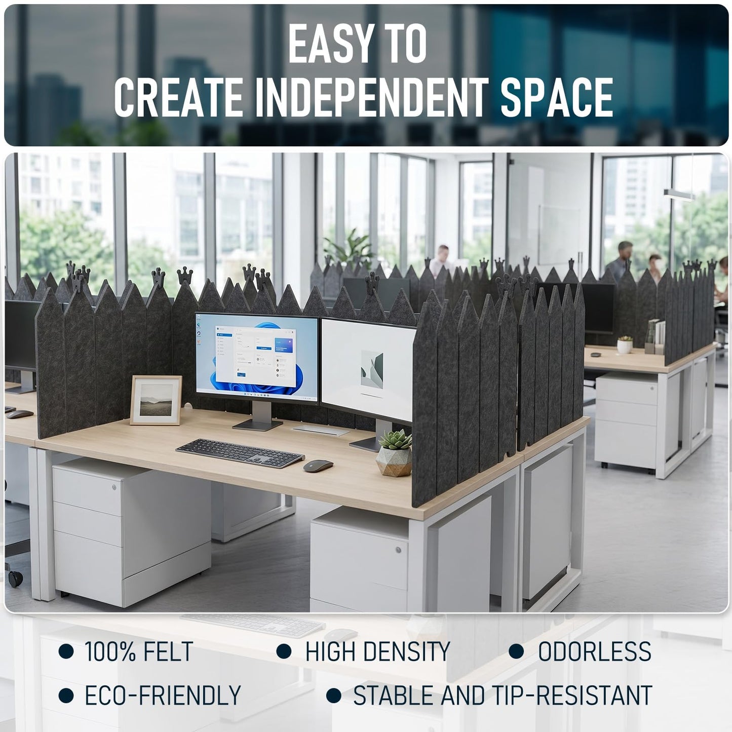 Dunzoom Acoustic Felt Desk Divider, 86 x 16.5 Inch Foldable Privacy Screen Panel Table Partition with Decorative Clips, Fence Design Tackable Cubicle Panel for Office Home Classroom