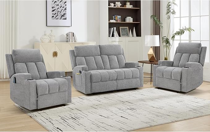 CANMOV Manual Recliner Sofa Set, Fabric Recliner Living Room Furniture Sets