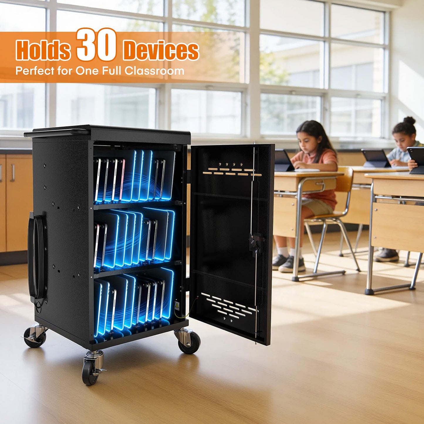 Metateel 30 Device Charging Cart for Chromebooks, iPads & Laptops Up to 14" - Lockable Charging Station with Cable Management, 30-Outlet Power Strip, Circuit Breaker & Casters for Classrooms
