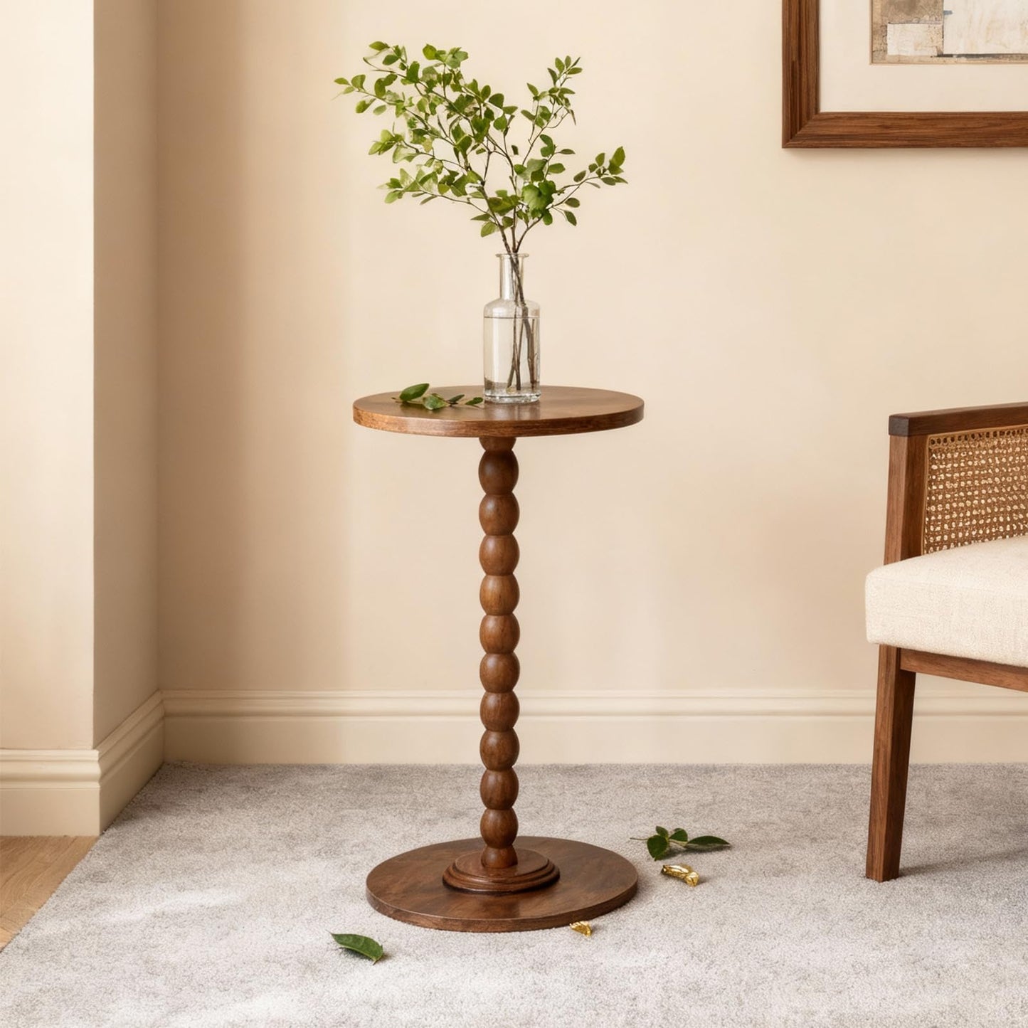 FIAHOSEY Small Walnut Drink Table - 22.56" Tall Vintage Bobbin End Table for Small Spaces, Dark Wood Pedestal Accent Table for Living Room, Classic Martini Table