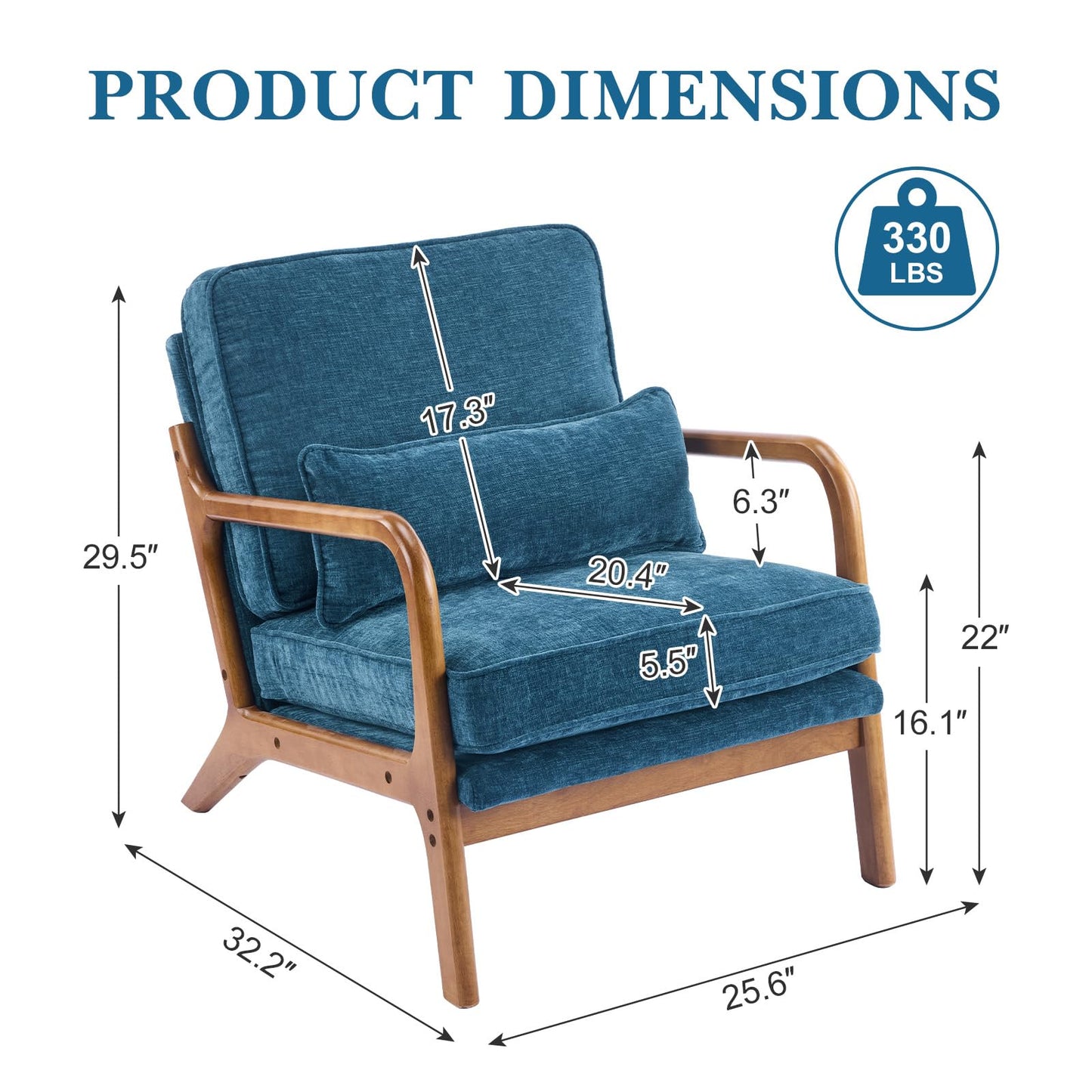 Karl home Mid Century Modern Accent Chair with Lumbar Pillow & Oak Arms – Plush Chenille Living Room Chair for Bedroom, Lounge (Blue)