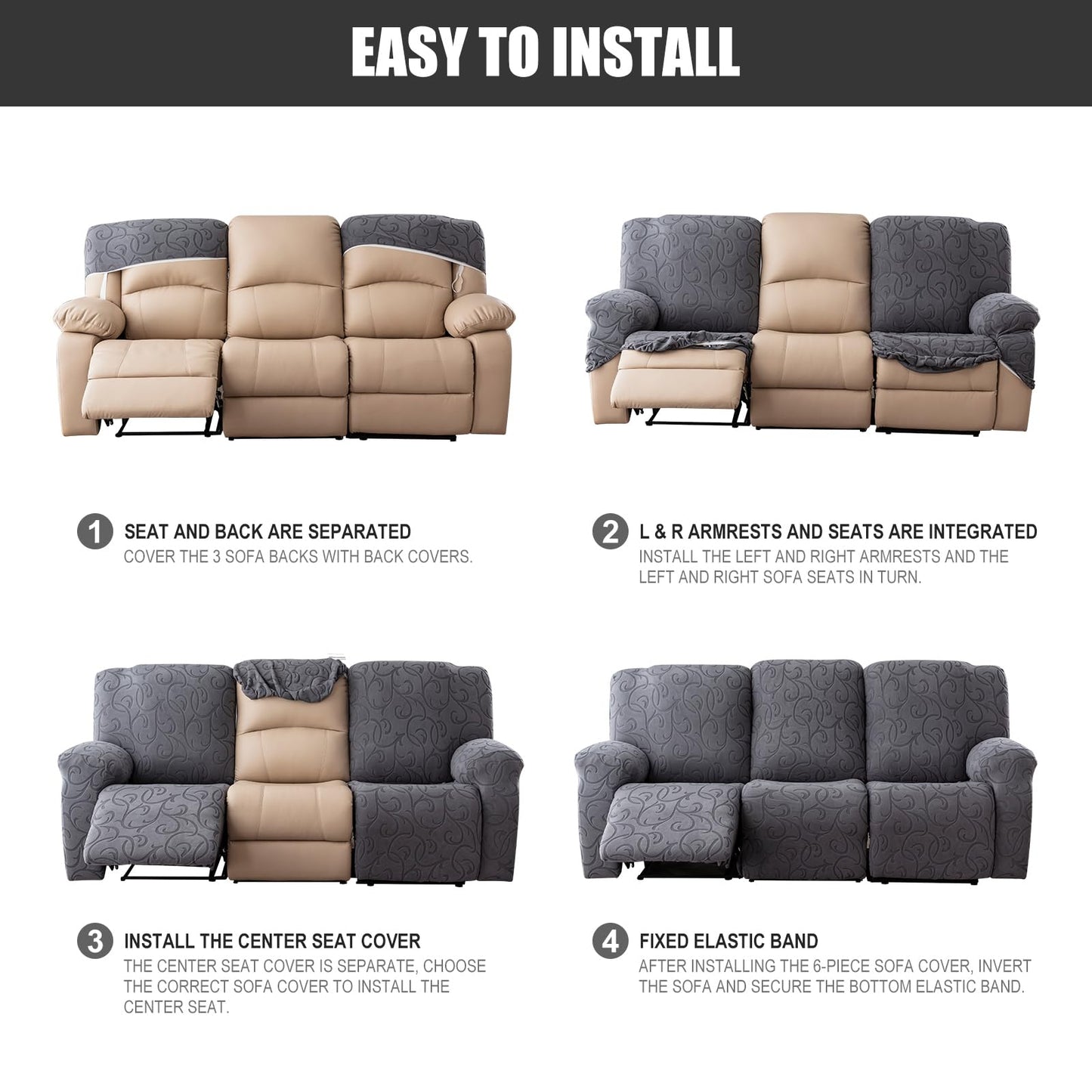 YUEANG Recliner Sofa Covers Sectional Couch Cover for Reclining Couch 3 Seat, 5-Pieces 3 Cushion Sofa Stretch Recliner Sofa Slipcover, Soft Jacquard Furniture Dog Couch Cover Protector