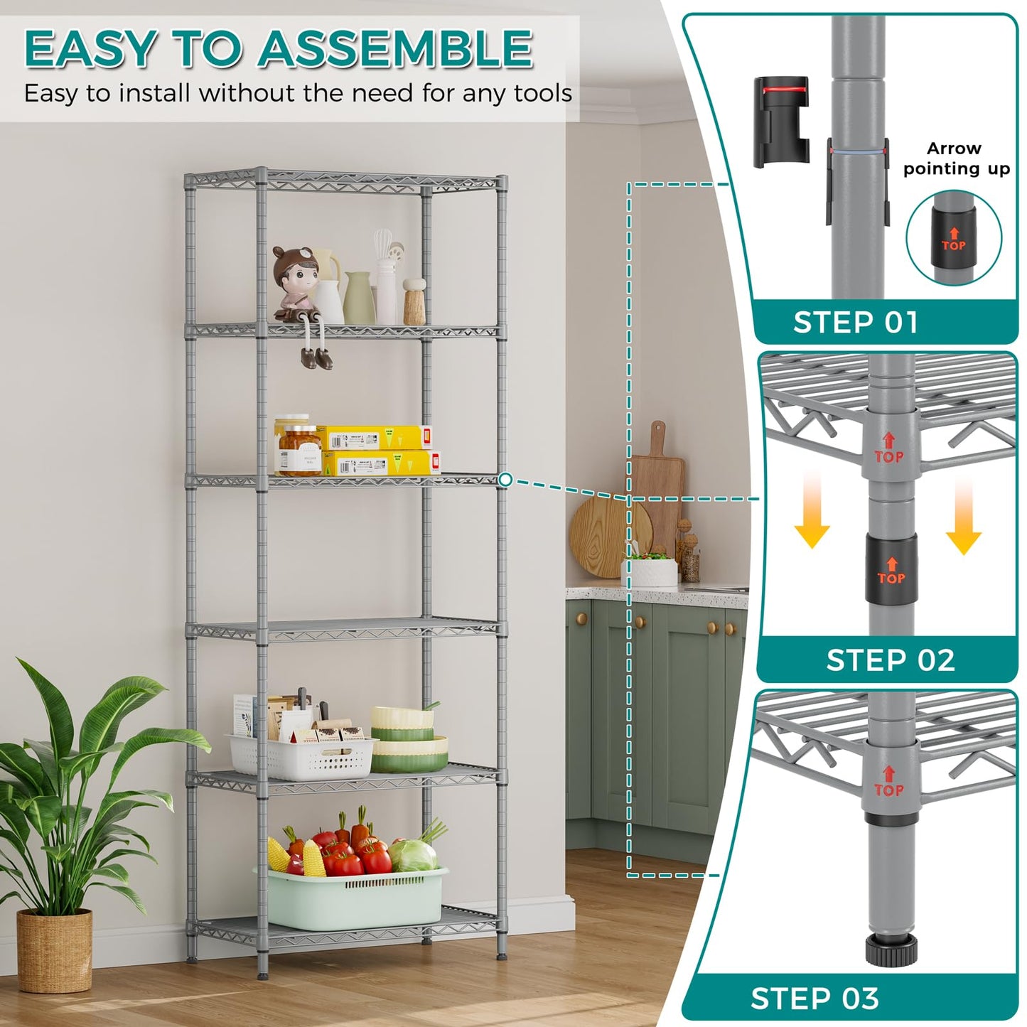 SINGAYE Shelf Wire Shelving Adjustable Storage Shelves Rack Standing Units for Kitchen Closet Laundry Bathroom Organizers Metal Pantry Narrow Mesh Gaps 14" D x 24" W x 72" H Grey