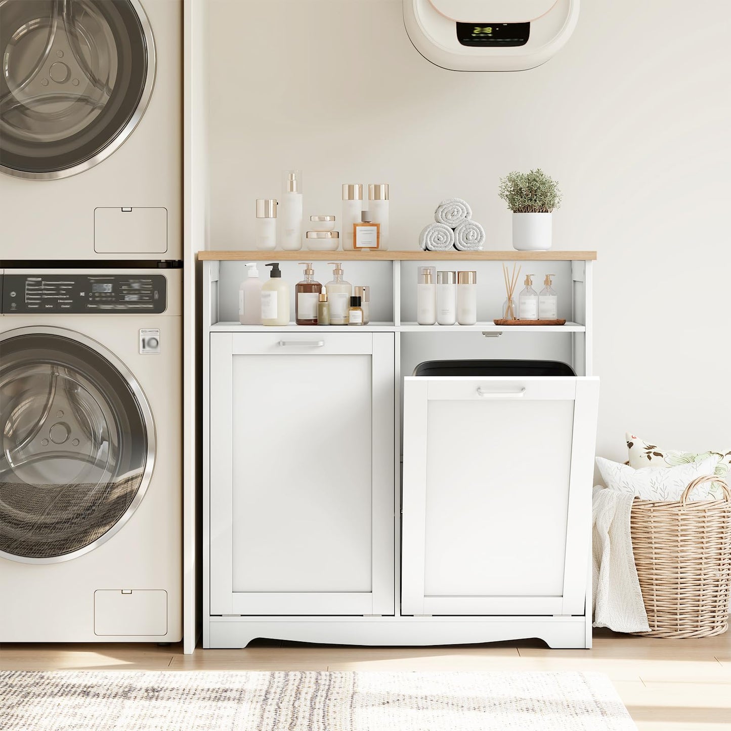 HOOBRO Double Tilt Out Trash Can Cabinet, 20 Gallon Kitchen Trash Bin Cabinet, Hidden Trash Storage with Open Compartments, Hidden Laundry Hamper, for Kitchen, Laundry, White and Natural WN04LJ01