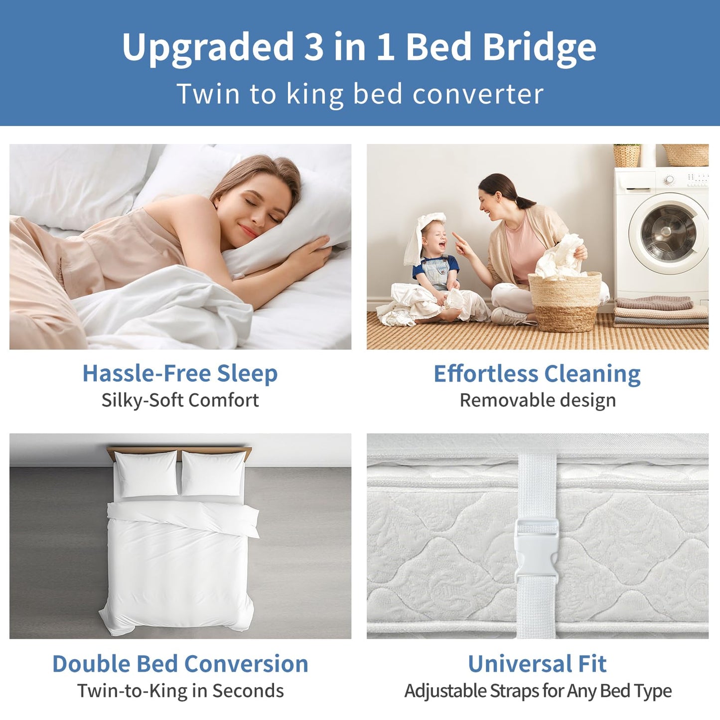 LIFVEAN Upgrade 3-in-1 Bed Bridge, Twin to King Bed Converter with Sheet Strap Set, Split King Gap Filler, Removable