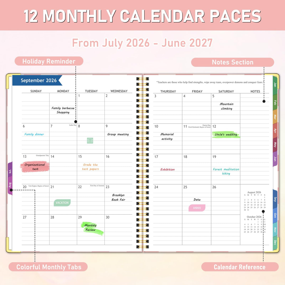 Teacher Planner 2026-2027, Jul 2026-Jun 2027 Academic Year, 8.5" x 11" Lesson Planner Book for Teacher Calendar, Spiral Bound Planners, Planning Stickers, Colorful Monthly Tabs, PinkCheckered