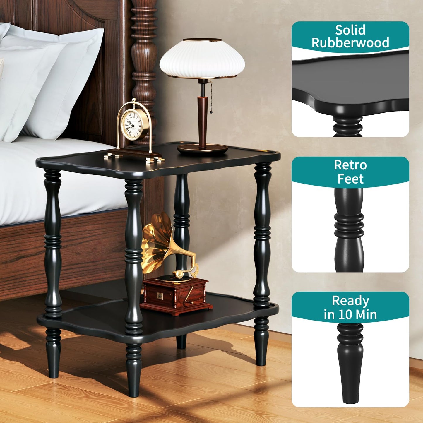 Solid Wood End Table Living Room - 23.6" H Small Narrow Rectangle End Table Wooden, Dark Real Wood Black Vintage Antique Side Bedside Table Nightstand for Small Spaces with Open Storage Shelf