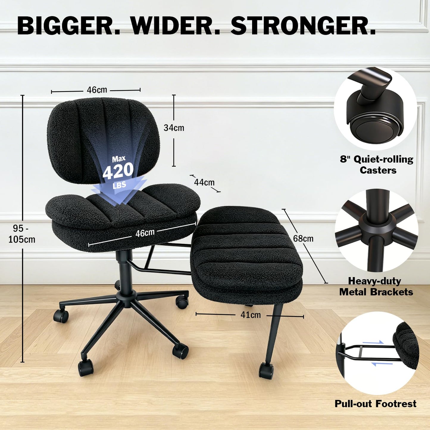 Ergonomic Cross Legged Office Chair with Footrest, 360° Swivel Height Adjustable Faux Shearling Criss Cross Chair, Wide Seat & Back Support for Home Office, ADHD, Black