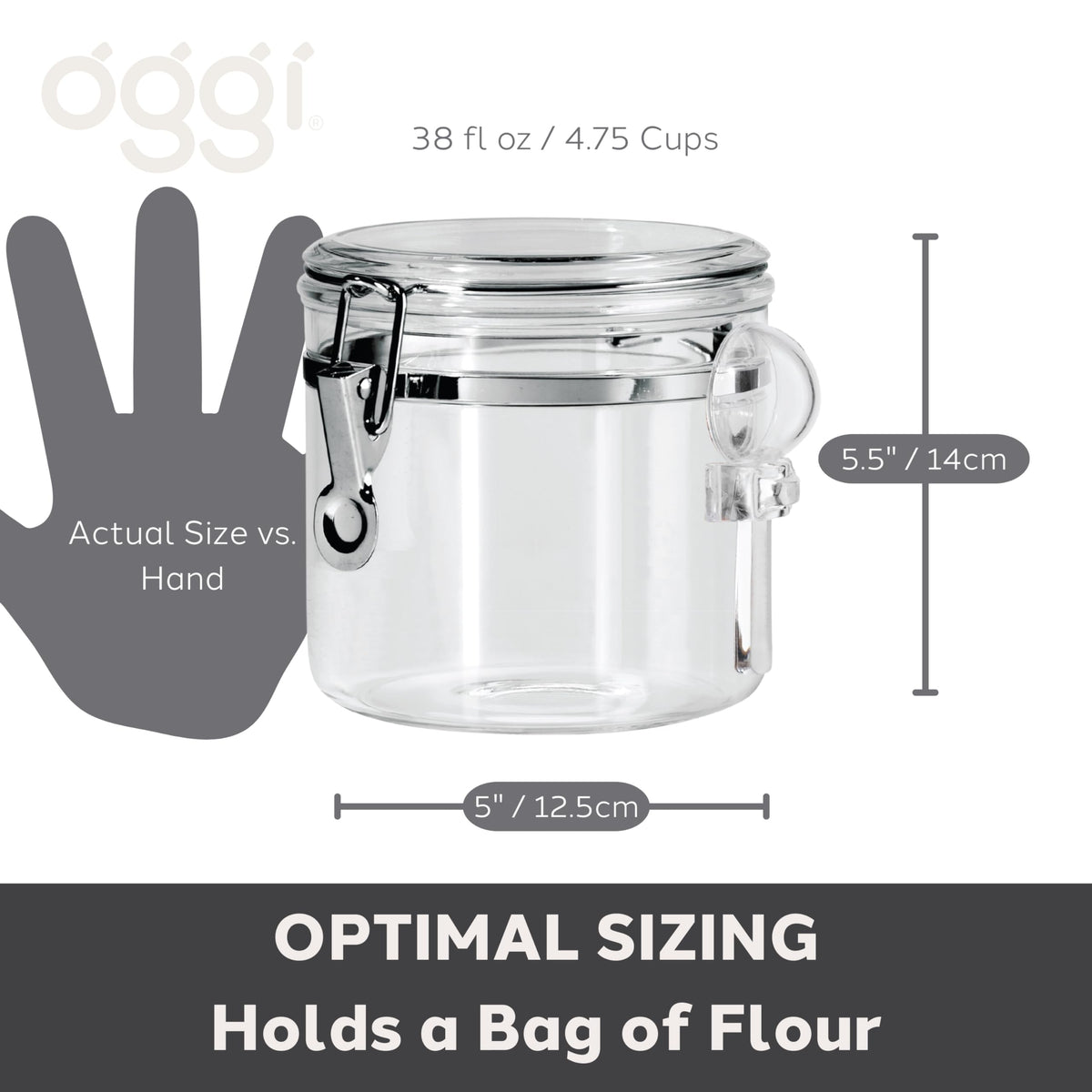 OGGI Clear Canister Airtight 38oz - Clamp Lid & Spoon - Airtight Food Storage Containers, Ideal for Kitchen & Pantry Storage of Bulk, Dry Food Including Flour, Sugar, Coffee, Rice, Tea, Spices & Herbs