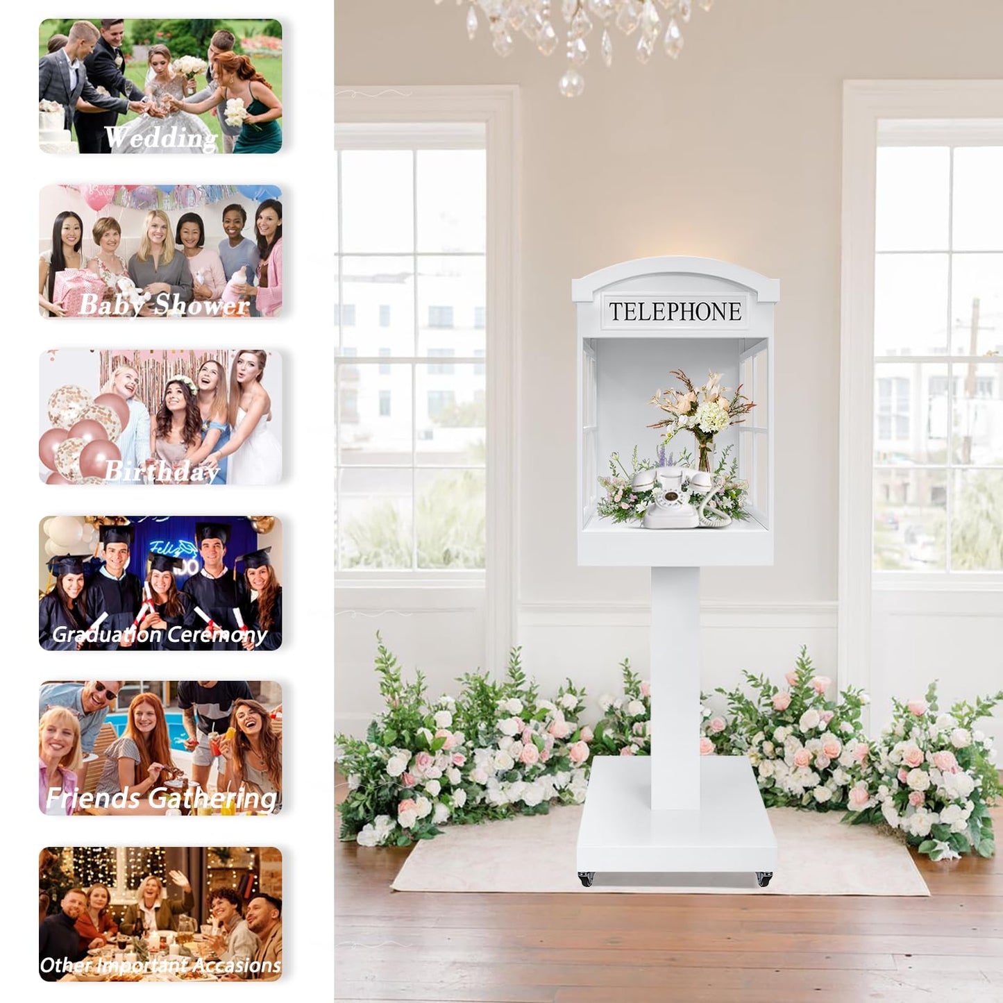 ROOMEDAL Audio Guest Book Phone Booth Stand with Wheels, Romantic Metal Audio Guestbook Telephone Booth for Wedding Birthdays Party Graduation Baby Shower Retirement Special Occasions Decoration