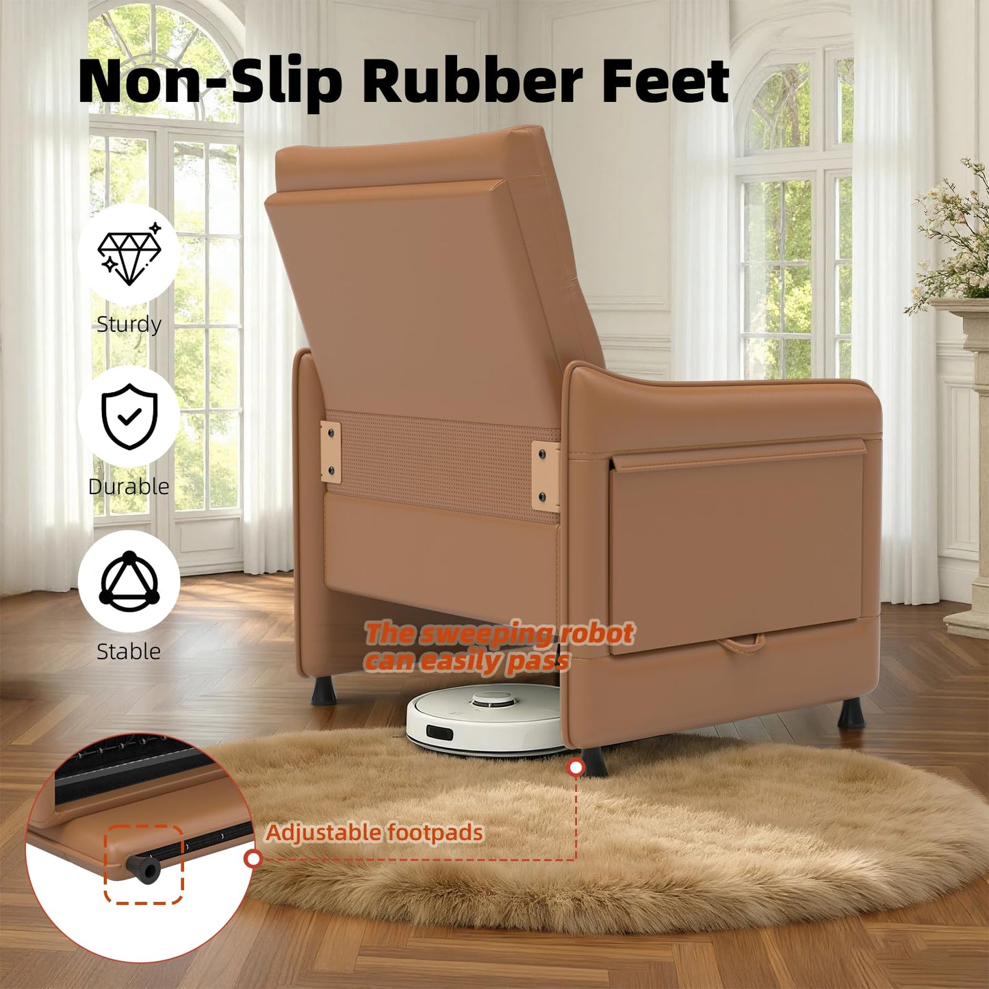 Tbillionnext Upholstered Accent Sofa, Modern Faux Leather Chair with Hidden Foldable Tray & Side Pocket, Rear Contour Arm Design, Small Accent Sofa for Bedroom, Brown