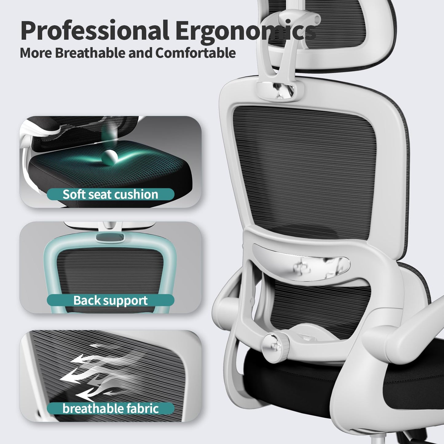 TRALT Office Chair Ergonomic Desk Chair, 330 LBS Home Mesh Office Desk Chairs with Wheels, Comfortable Gaming Chairs (Black & White)
