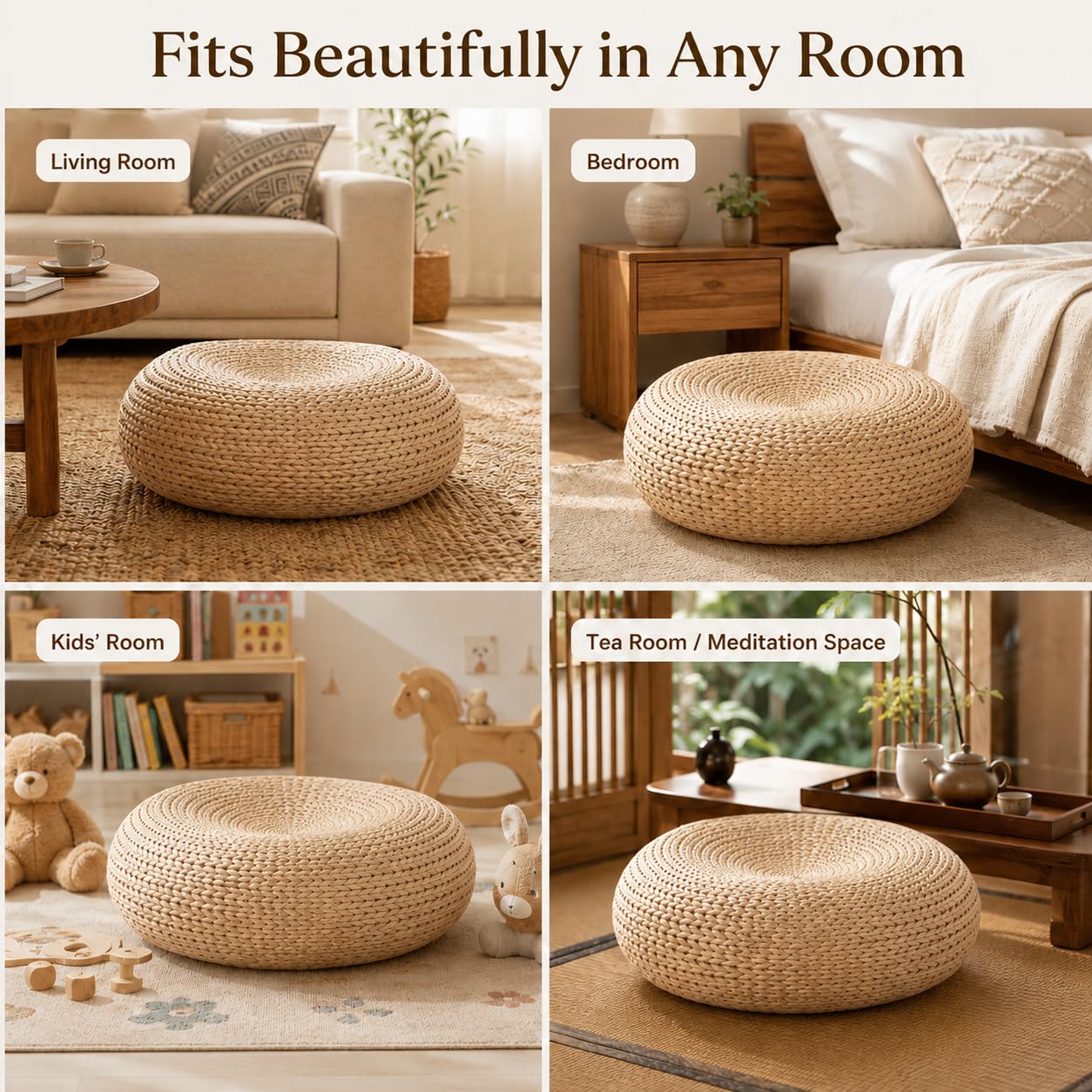Round Rattan Floor Cushion, Handwoven Wicker Ottoman Foot Stool, Boho Meditation Seat for Living Room & Bedroom, 19.7" Dia x 6.7" H
