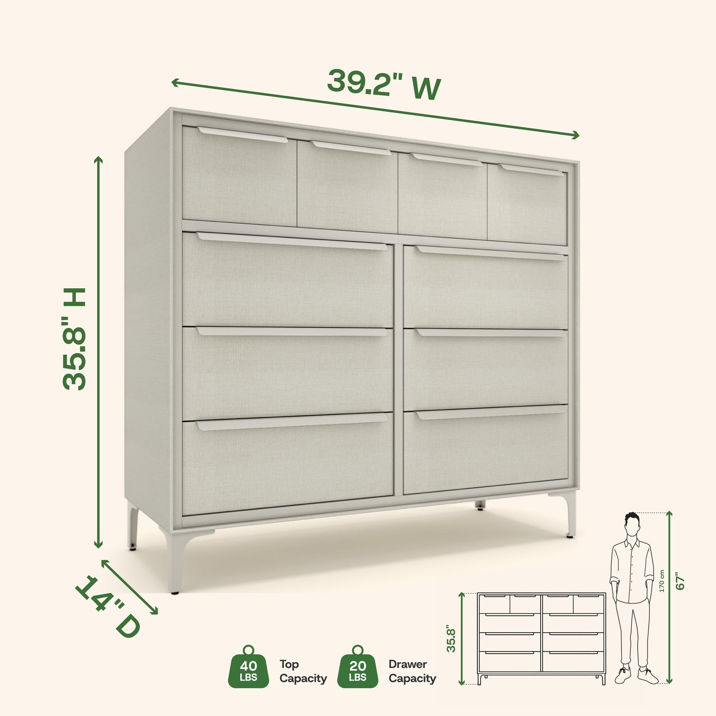 tinge Naima Premium Fabric Dresser - Strong Metal Frame, 10 Spacious Sag-Proof Drawers with Sleek Metal Handles - Premium & Durable Storage Solution for Your Home (Beige)