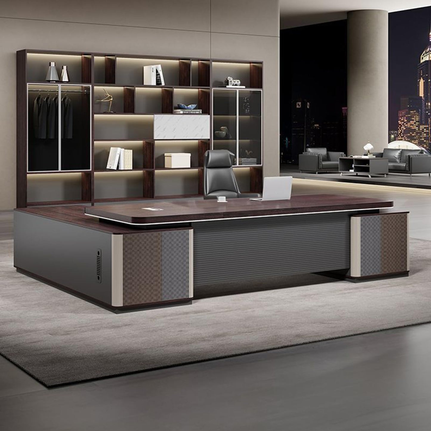 LSIGHTUS L Shaped Office Desk with Storage Cabinet, Luxury Wood Computer Desk with File Drawers and Cable Management, Gaming Table Business Furniture Set Workstation for CEO Boss Manager