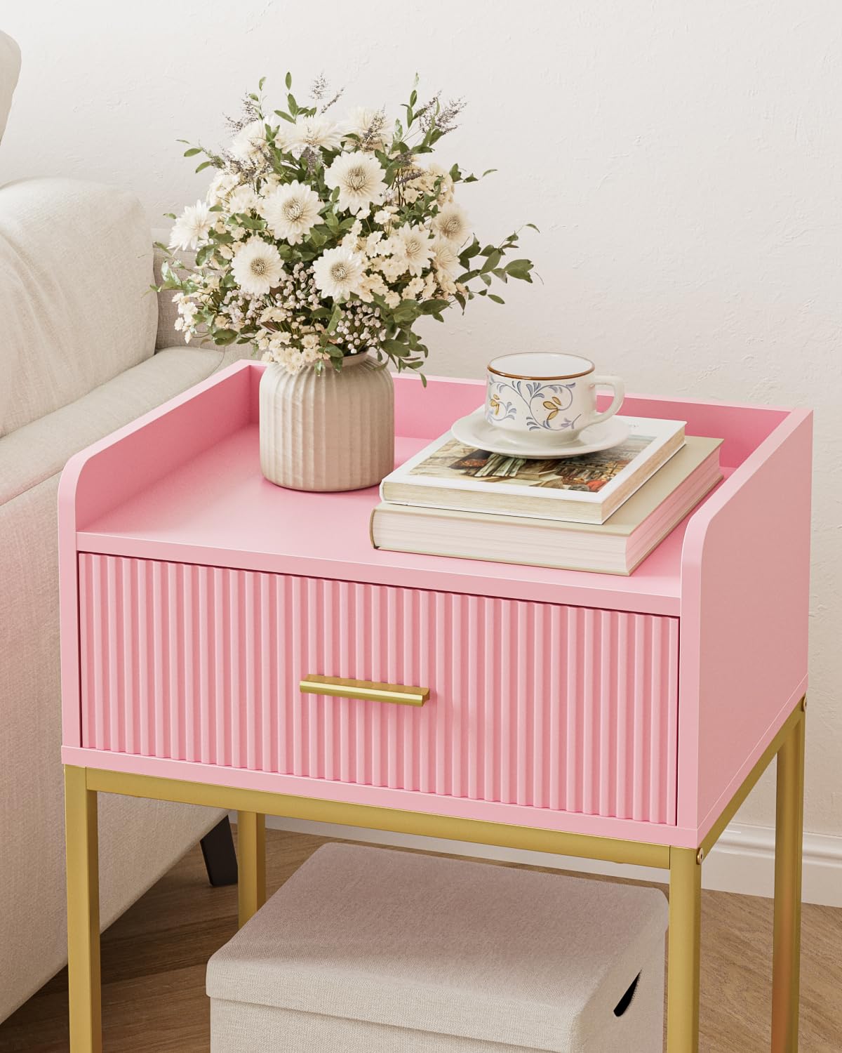 Apetaccat Nightstand, 3-Tier Bed Side Table, Small End Table, Night Stand with Open Shelf and Drawer, Bedside Table for Bedroom, Living Room, Pink