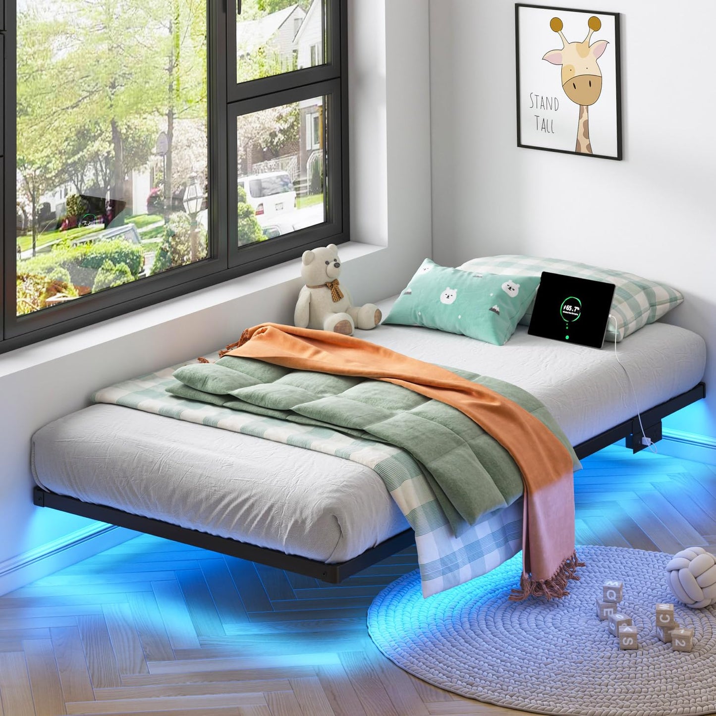 HAVONIZD Floating Bed Frame Twin with LED Lights and Charging Station - 8 inch Platform Bed Frame No Box Spring Needed, Easy Assembly