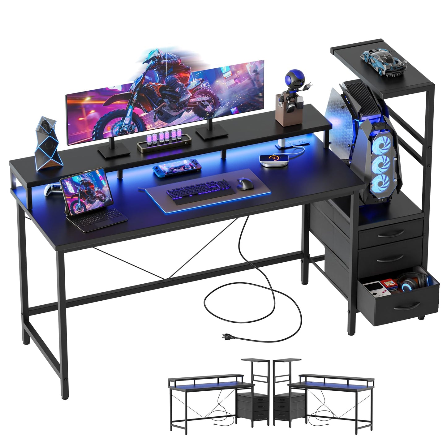 Mericonia 52 inch Gaming Desk with LED Lights & Power Outlets, Reversible Computer Desk with Storage Drawers & Monitor Stand, Large Gaming Table for Home Office