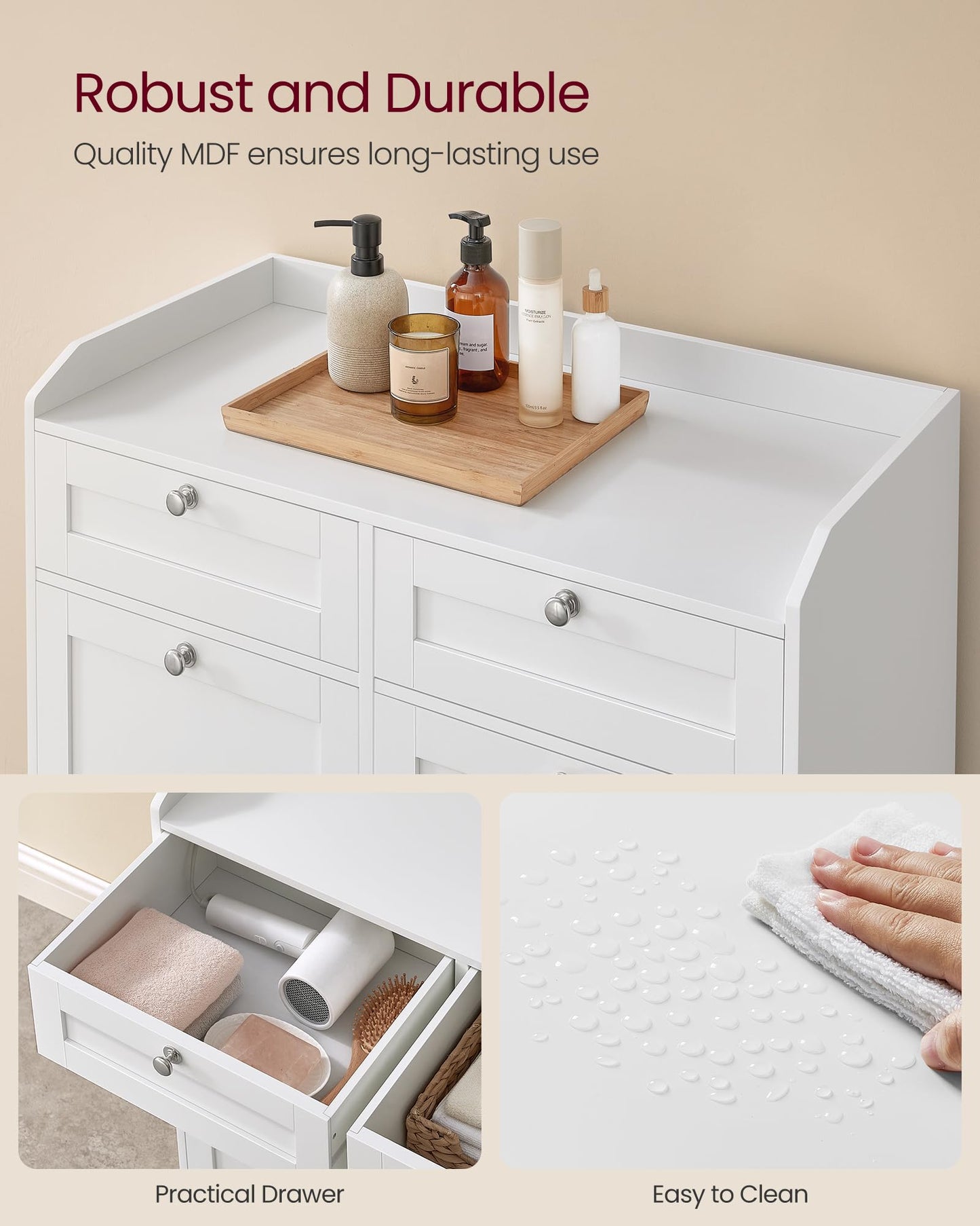 VASAGLE Laundry Cabinet with Tilt-Out Basket, Freestanding Storage Unit with Drawer and Laundry Hamper, for Bathroom, Living Room, 15.8 x 31.1 x 31.5 Inches, Cloud White UBBC751W01