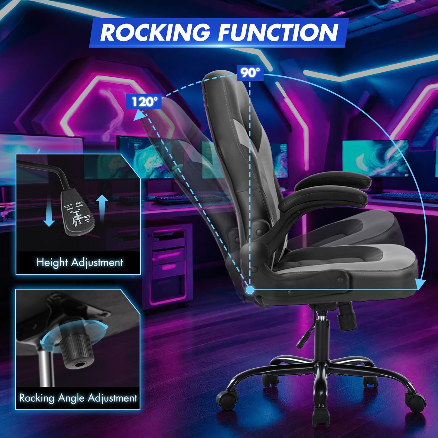 Sweetcrispy Computer Video Game Desk Chair - Ergonomic Comfy Lumbar Support, PU Leather with Flip-up Armrest, Height Adjustable and 360° Swivel, for Adults, Black Grey